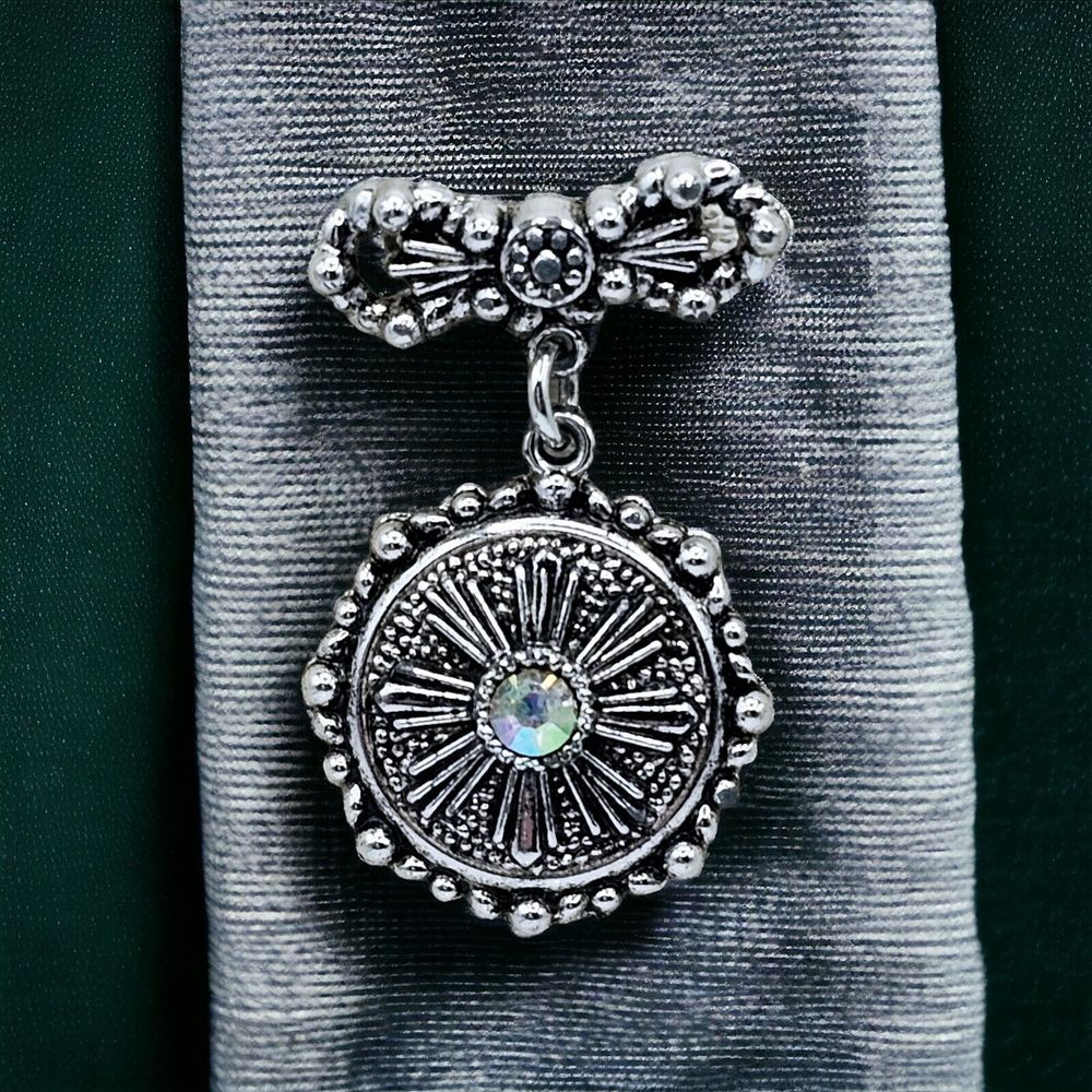 Victorian Flower Medallion Brooch Vintage Aurora Borealis Bow Dangle Statement
